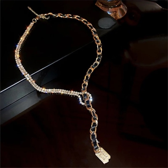 Y Lariat Chain link Baguette Gold Twisted Leather Good Luck Charm Necklace - Picture 4 of 4